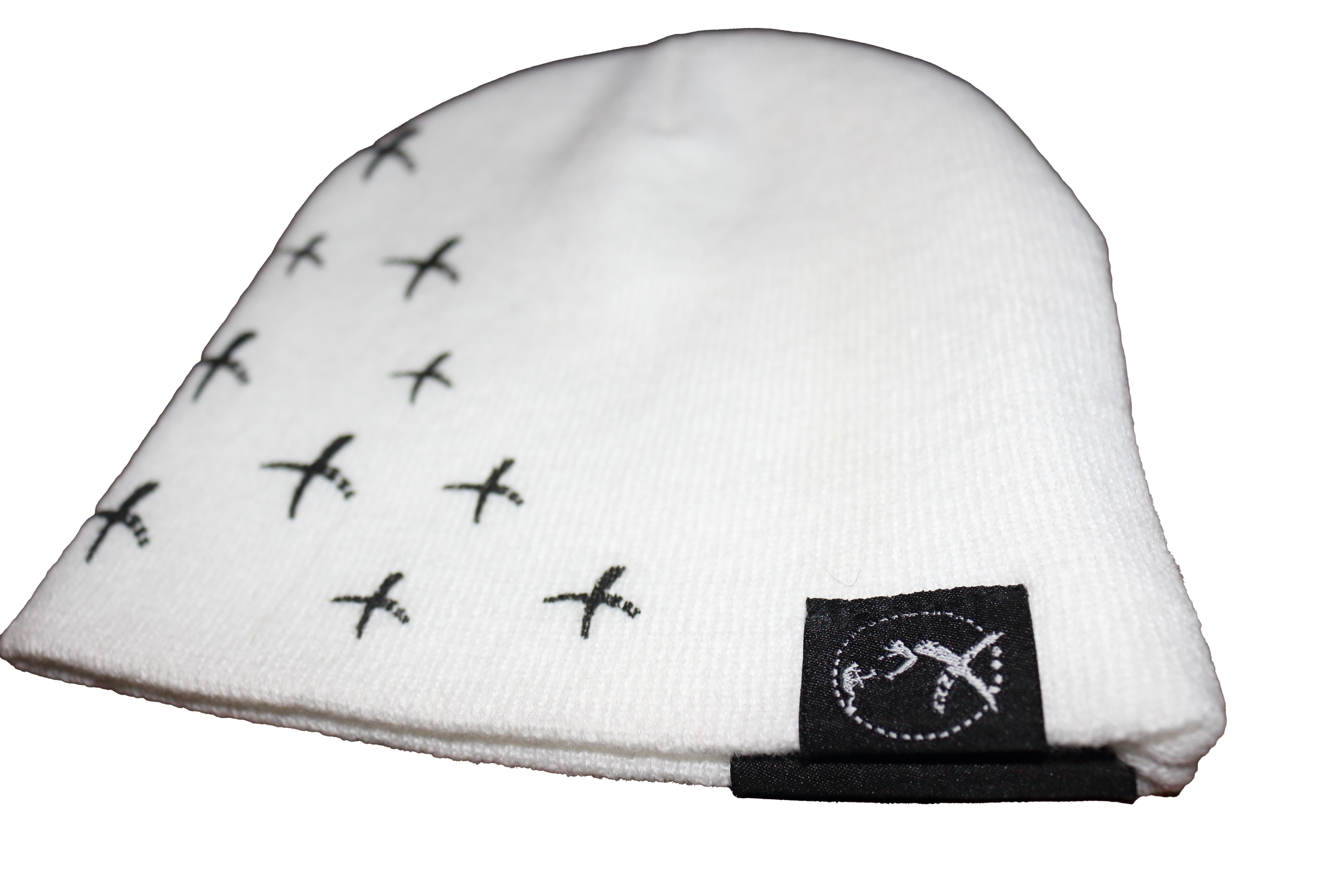 Stylish white OTNS Beanie with black stitched detailing and logo, perfect for Y2K fashion enthusiasts.